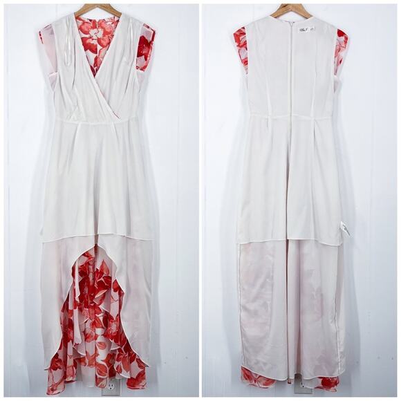 Eliza J Floral Chiffon High Low Dress Surplice Neck Tie Waist Size 10 Red White - Picture 8 of 16
